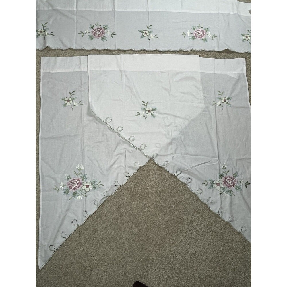 3pc Set VTG Window Valance Swag Panels Ivory Embroidered Floral Eyelet‎